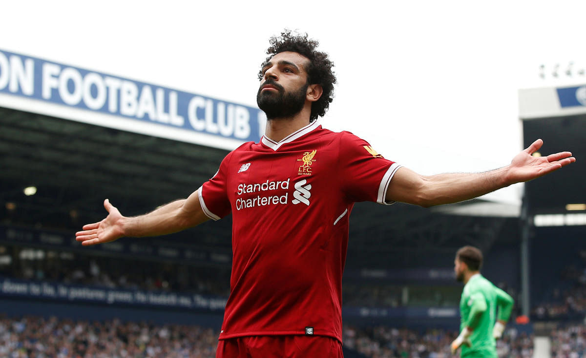 Liverpool's Mohamed Salah celebrates after scoring against West Bromwich Albion on Saturday. 
