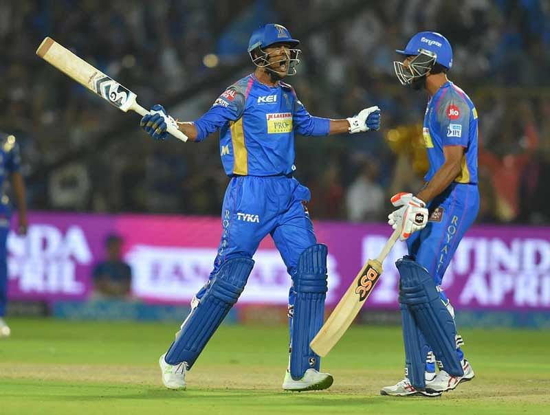 WAR CRY: Rajasthan Royals' K Gowtham (left) celebrates with team-mate Jaydev Unadkat after sealing a win for his team with a six against Mumbai Indians. PTI Photo