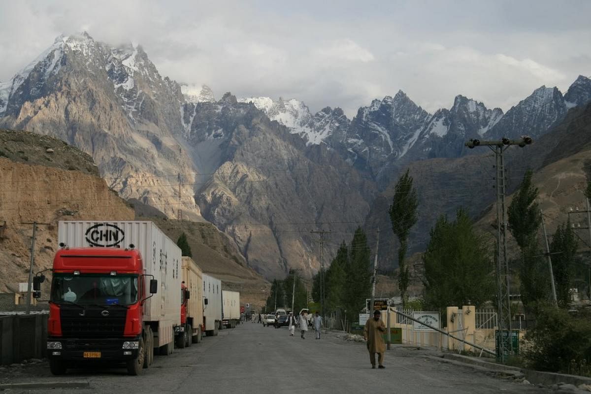 Chinese cargo trucks awaiting Pakistan Customs clearance at Sost. File photo