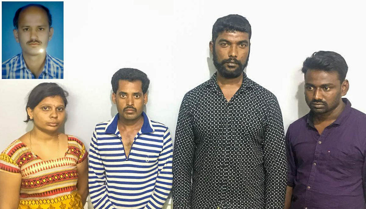 The four accused arrested in the murder of the cooperative bank secretary Murugesh in Attibele on April 13. From left, Rekha (27), Putta Basappa (26), both residents of Jigani Hobli in Anekal taluk, Saktivel (27), a resident of Garvebhavipalya and Manikan