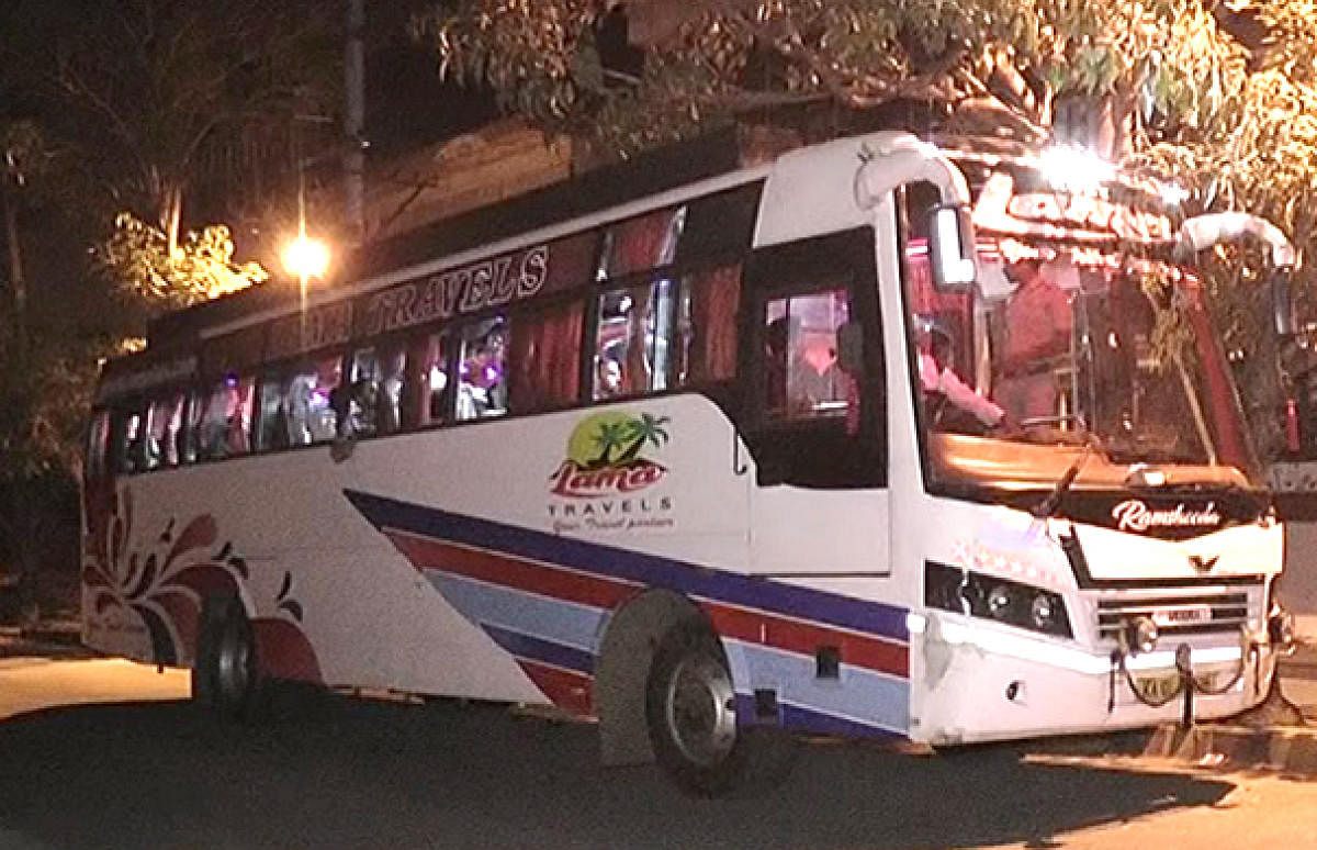 The Lama Travels bus bound to Kannur from Bengaluru that was hijacked by recovery agents of a finance firm along with passengers on Friday night.