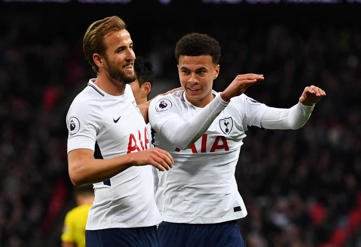 Tottenham Hotspur's Dele Alli (right) celebrates after scoring their first goal against Watford with Harry Kane, who netted the second goal, at Wembley on Monday. Reuters