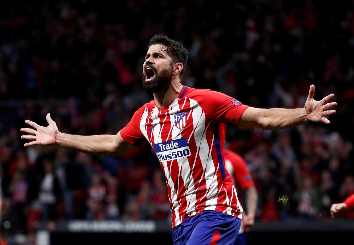 Atletico Madrid's Diego Costa celebrates after scoring their first goal against Arsenal in the Europa League second-leg semifinal on Thursday. Reuters