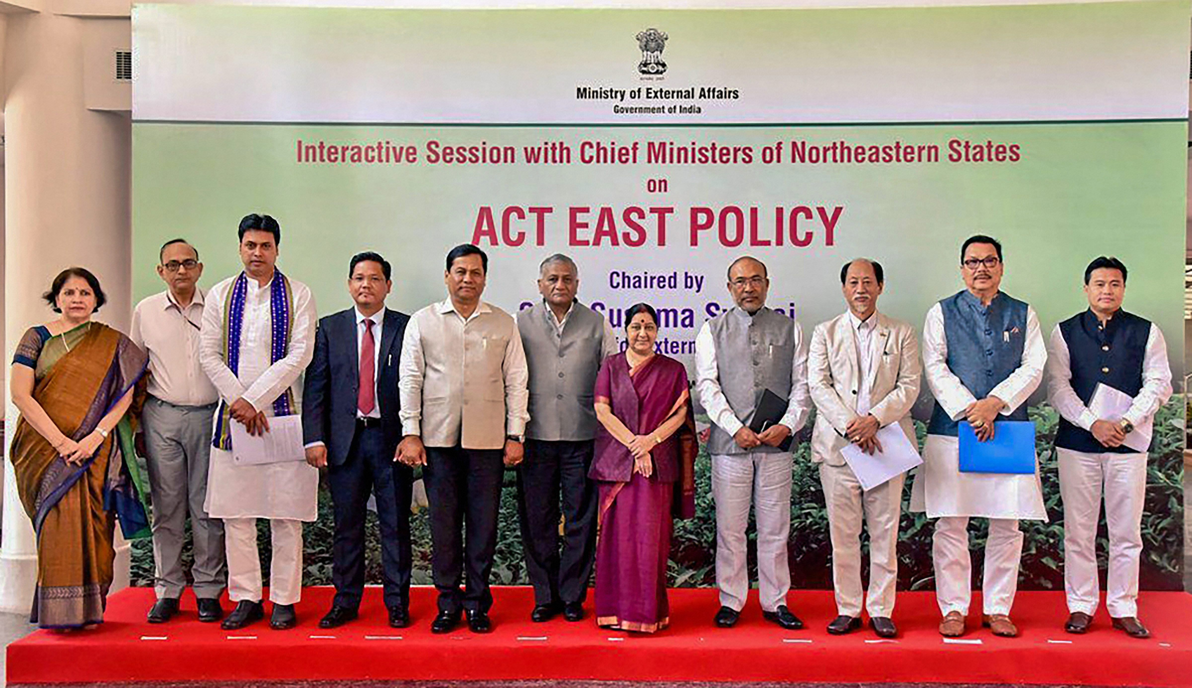 Union External Affairs Minister Sushma Swaraj along with Union Minister of State for Development of North Eastern Region (DoNER) Dr Jitendra Singh with the chief minister of Northeastern States after an interactive session with them on 'Act East Policy' in New Delhi on Friday. PTI 