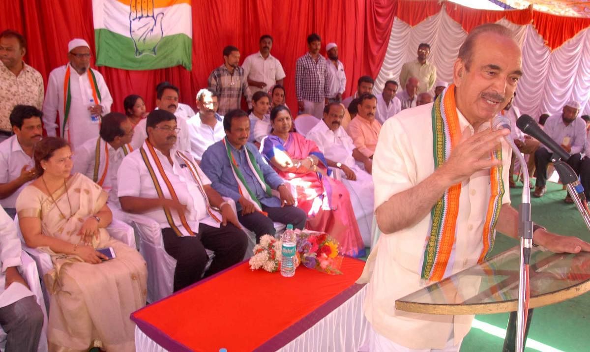 Leader of the Opposition in Rajya Sabha Ghulam Nabi Azad speaks at a public rally in Chikkamagaluru on Saturday.