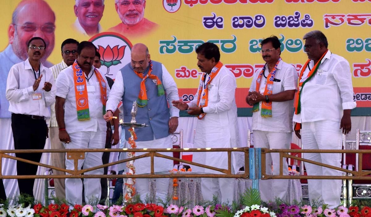 BJP Chief Amit Shah inaugurating a public rally at Savadatti town in Belagavi on Sunday.