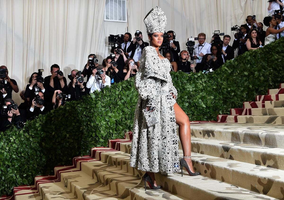 Rihanna arrives for the Met Gala at the Metropolitan Museum of Art in New York on Monday. The Gala raises money for the Metropolitan Museum of Art’s Costume Institute. AFP 