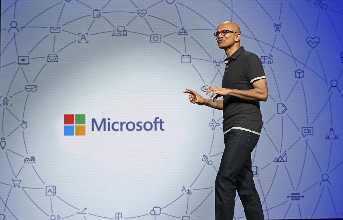 Microsoft CEO Satya Nadella delivers the keynote address at Build, the company's annual conference for software developers in Seattle on Monday. AP/PTI