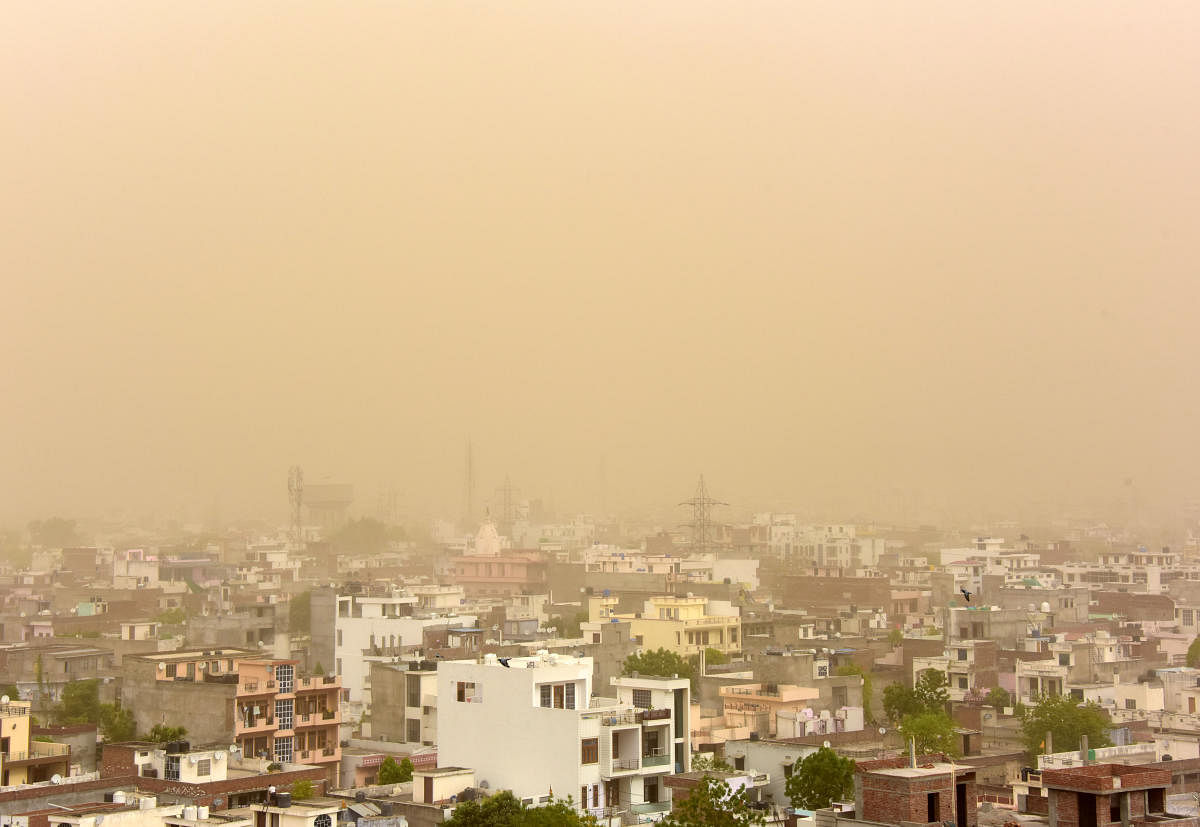 An aerial view of the dust covered sky in Jaipur, Rajasthan, on Monday. REUTERS