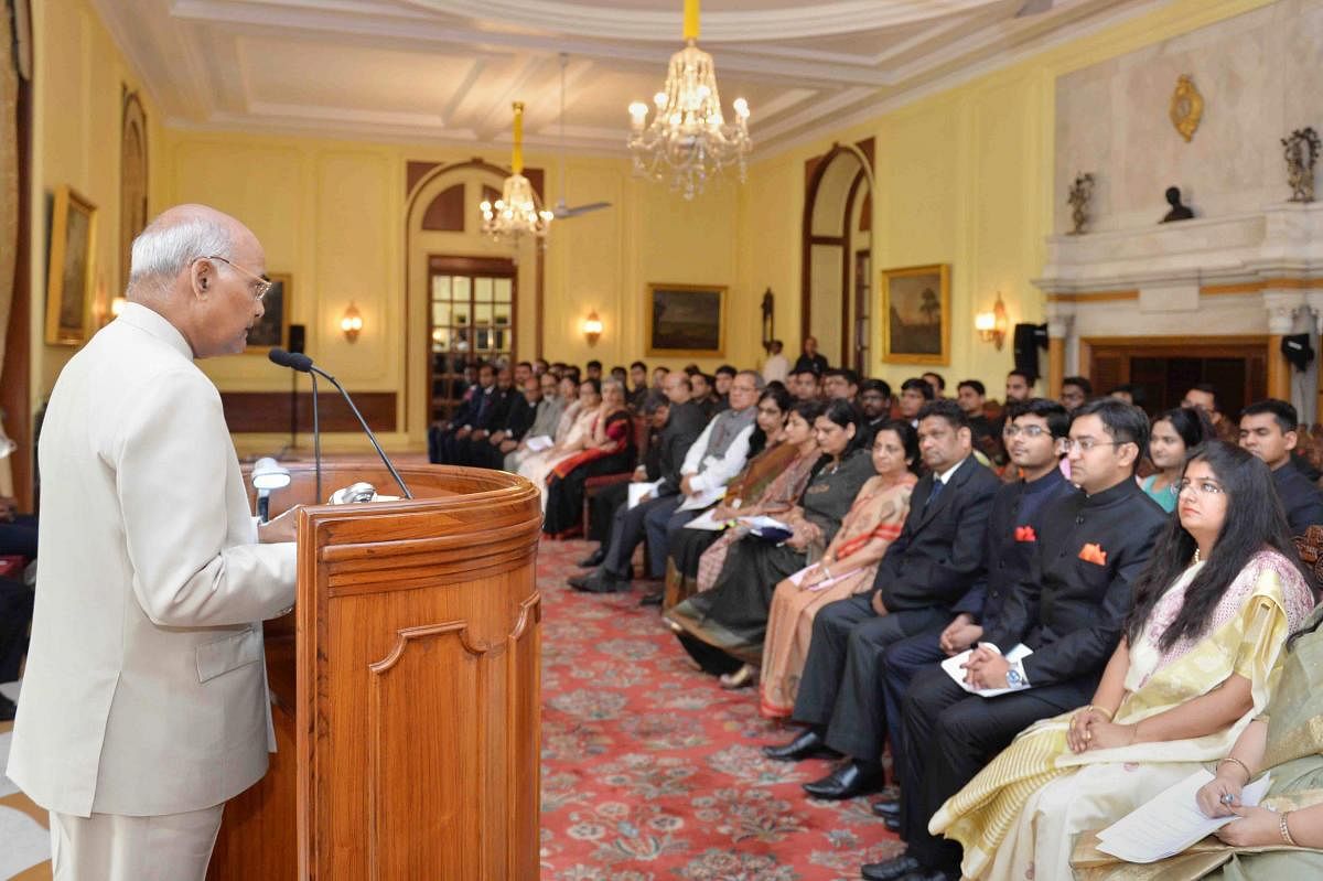 President Ram Nath Kovind addresses the 41 Officer Trainees of Class-I Accounts &amp; Finance Service, attending 25th Professional Training Course at National Institute of Finance Management (NIFM), at Rashtrapati Bhavan in New Delhi on Wednesday. PTI Pho