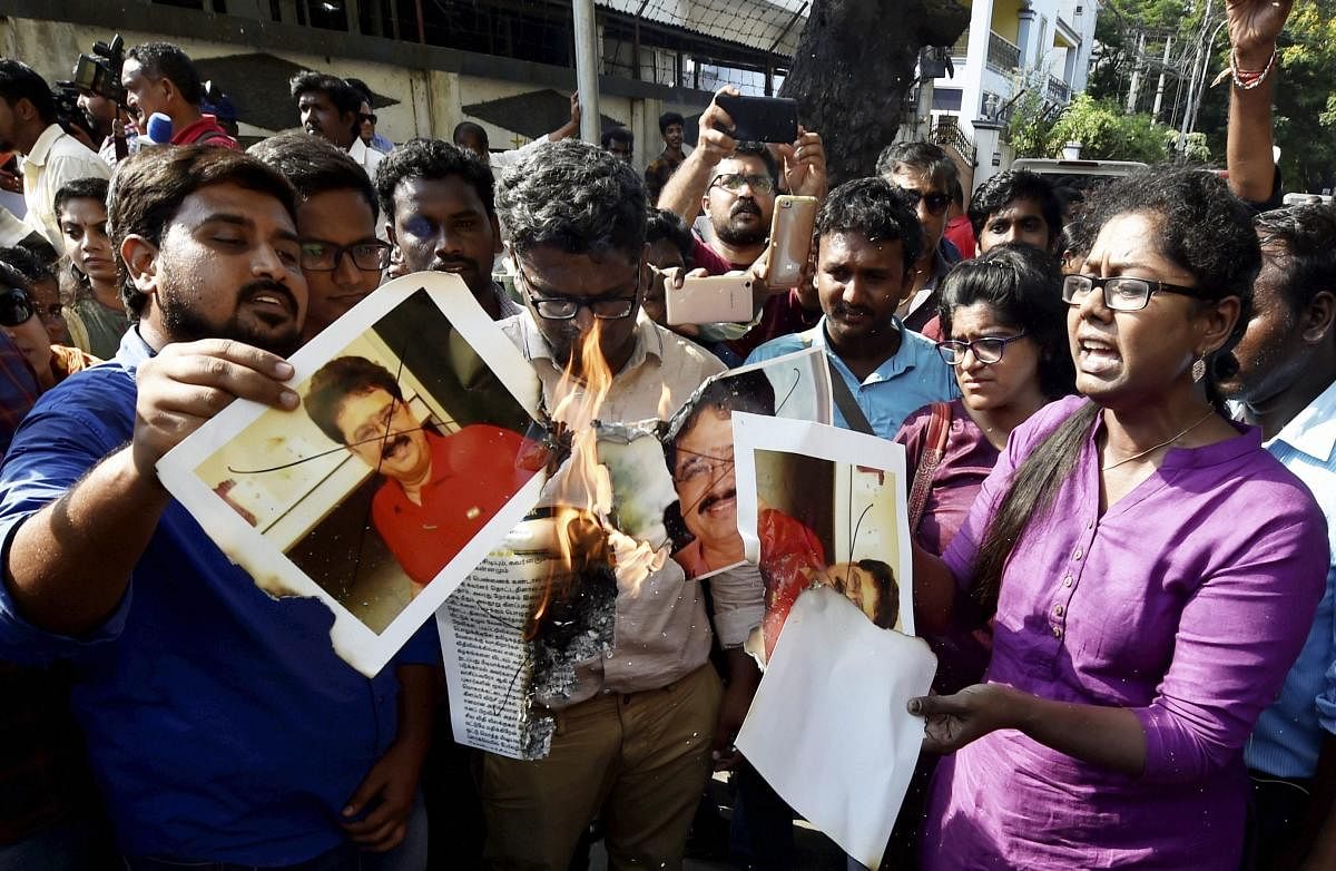 Journalists protest against BJP politician S Ve Shekher for his derogatory remarks against media and women writers. PTI file photo