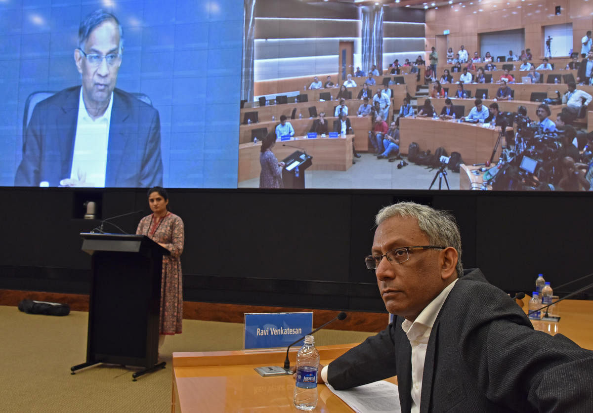 R Seshasayee, Former Chairman Infosys speaking in video conference at a press conference, at Infosys Corporation Headquarters in Bengaluru on Friday. Ravi Venkatesan, Co Chairman Infosys is seen. Photo by S K Dinesh