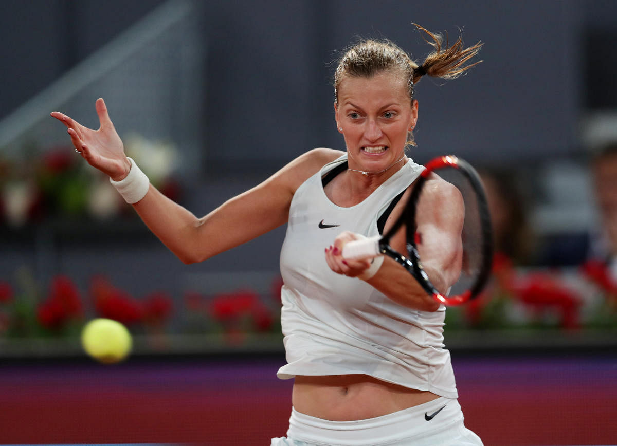 POWERFUL: Czech Republic's Petra Kvitova returns during her win over compatriot Karolina Pliskova in the Madrid Open semifinal. Reuters