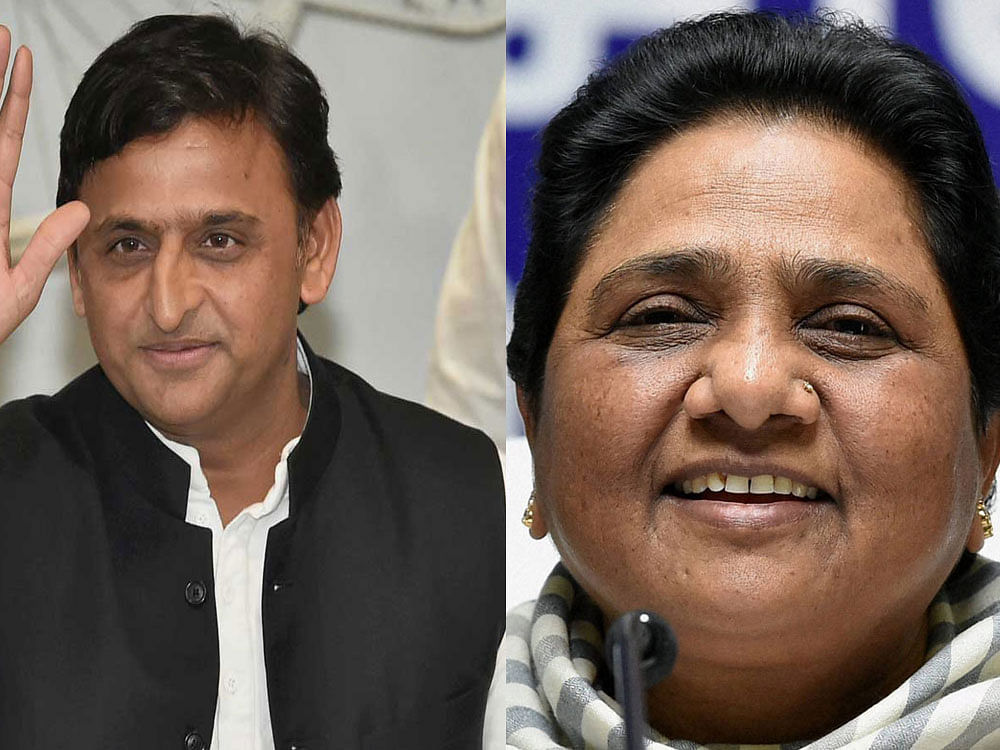 Bahujan Samaj Party (BSP) supremo Mayawati and Samajwadi Party (SP) national president Akhilesh Yadav. PTI file photos