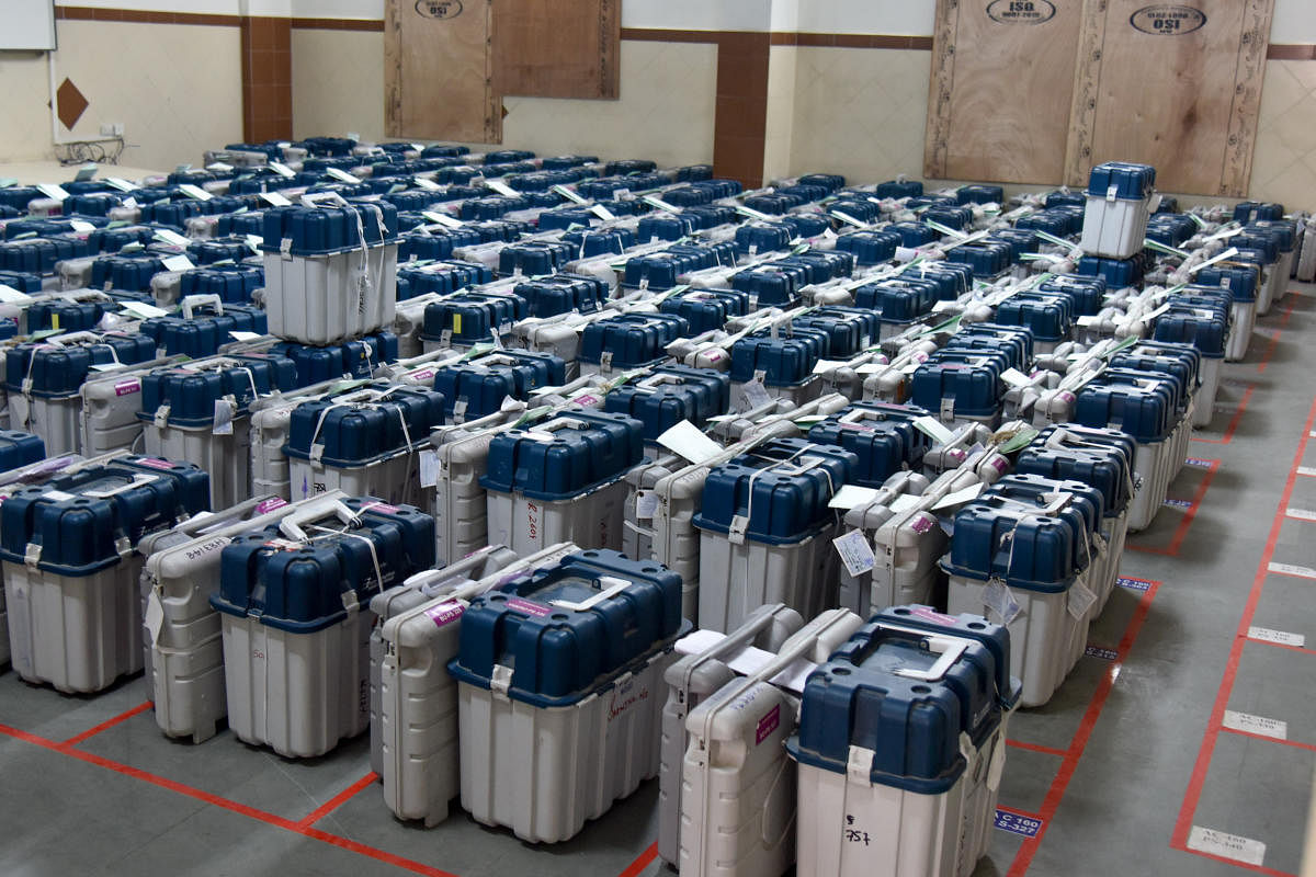 The EVMs and VVPAT machines used for the Shivajinagar constituency are kept in a strong room at Mount Carmel College, Bengaluru on Sunday. dh photo