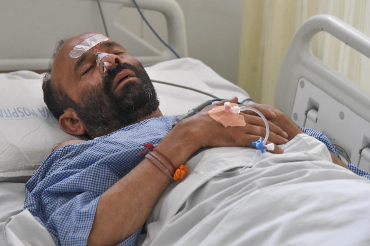 Vedavasya Bhat, former BJP Corporator and worker, who has been attacked and admitted Abiya Hospital in Bengaluru on Monday. Photo by S K Dinesh