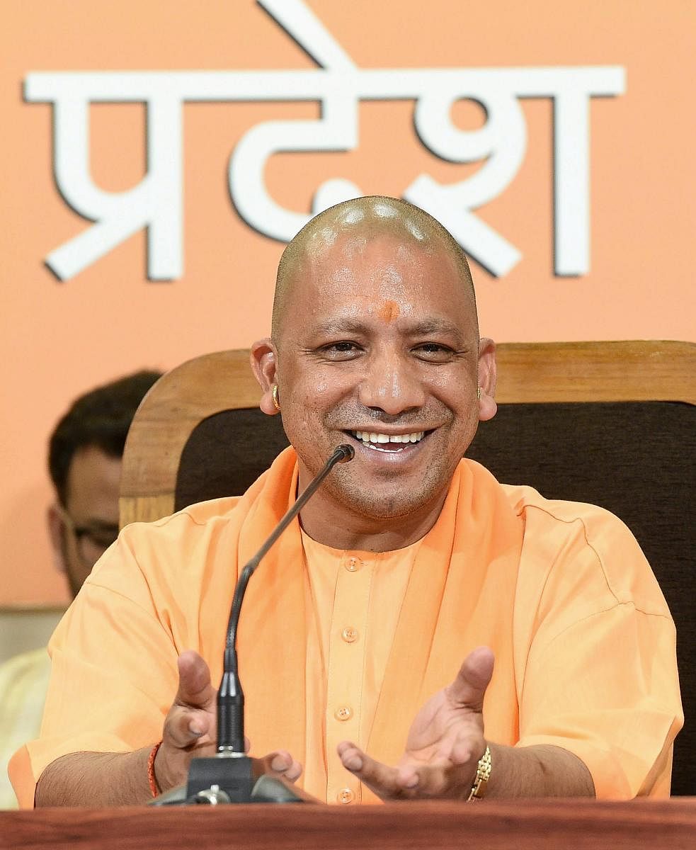 Uttar Pradesh Chief Minister Yogi Adityanath addresses a press conference at BJP office in Lucknow.
