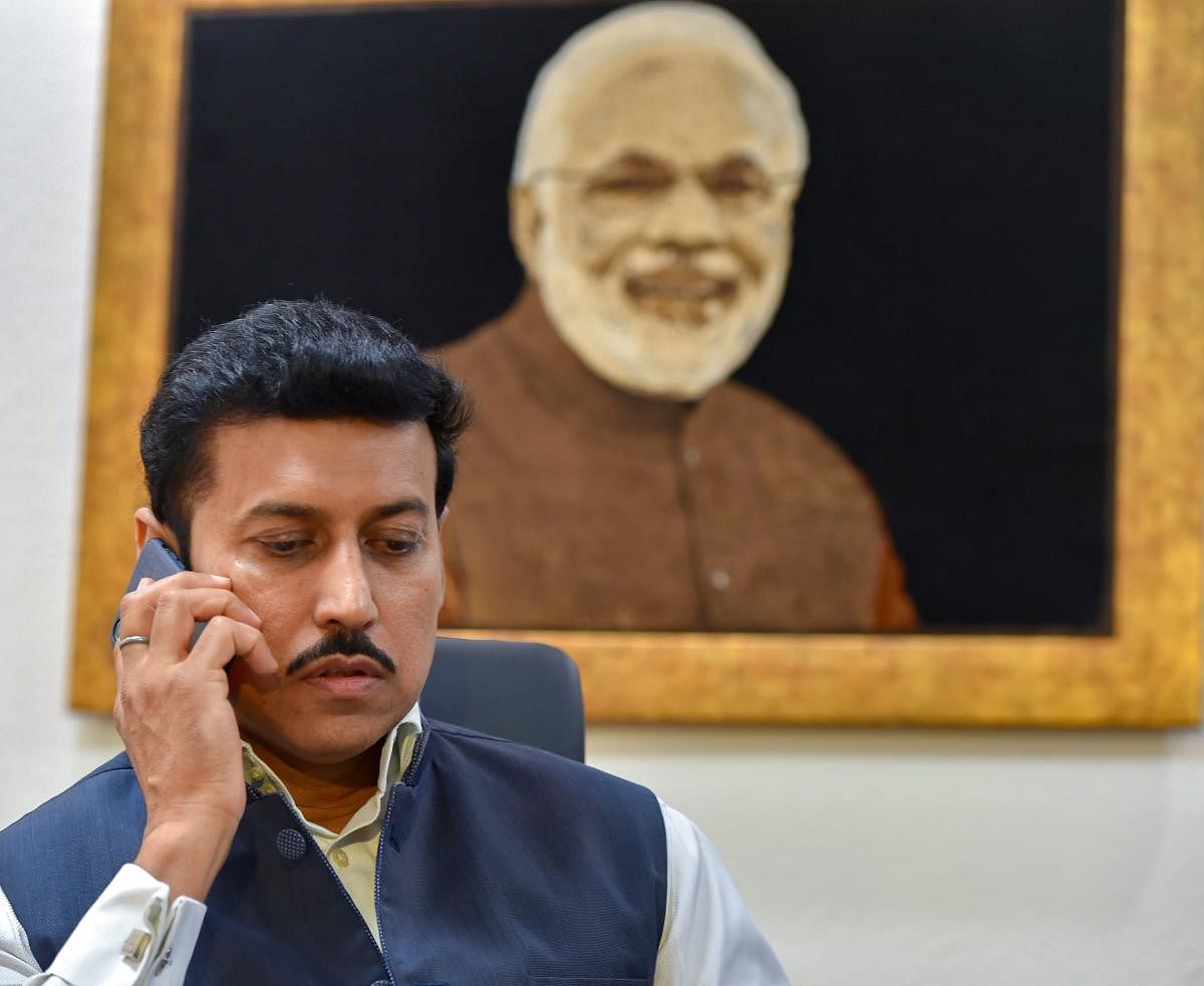 Rajyavardhan Rathore after taking charge as Minister of Information and Broadcasting following Monday's Cabinet reshuffle, in New Delhi on Tuesday. PTI