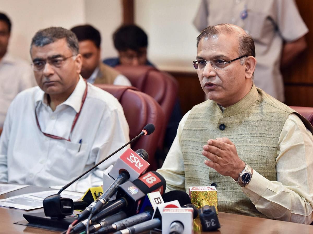 MoS for Civil Aviation Jayant Sinha addresses a press conference on 'Prospective Investment Plan of Central Govt. on Upgradation &amp; Development of AAI Airports' in New Delhi on Wednesday.