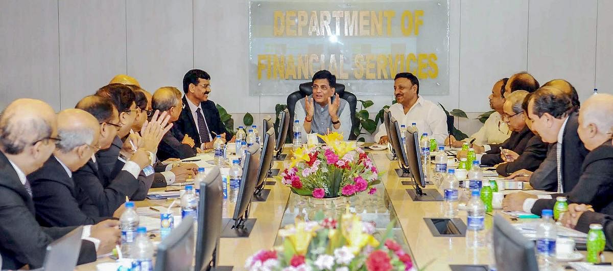 Union Minister for Finance and Corporate Affairs Piyush Goyal holds a review meeting with the CMDs of banks under Prompt Corrective Action (PCA), in New Delhi on Thursday. Department of Financial Services Secretary Rajeev Kumar is also seen.
