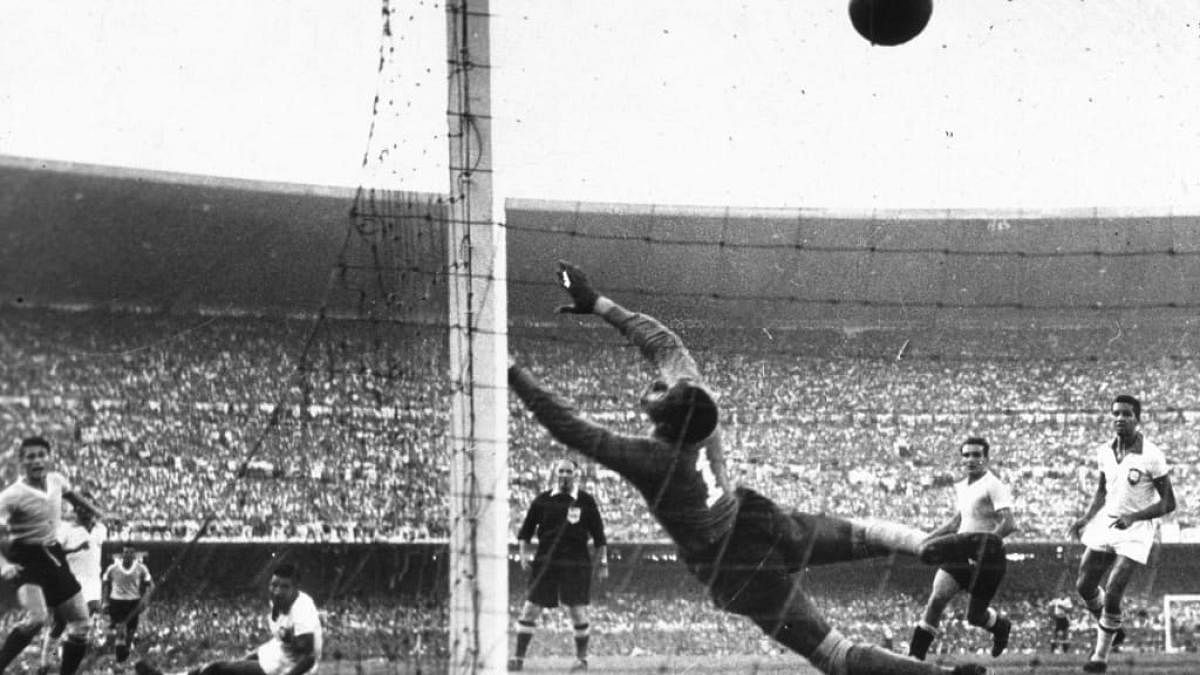 Brazilian goalkeeper Barbosa fails to stop Ghiggia's shot that gave Uruguay a 2-1 lead and the title. FIFA 