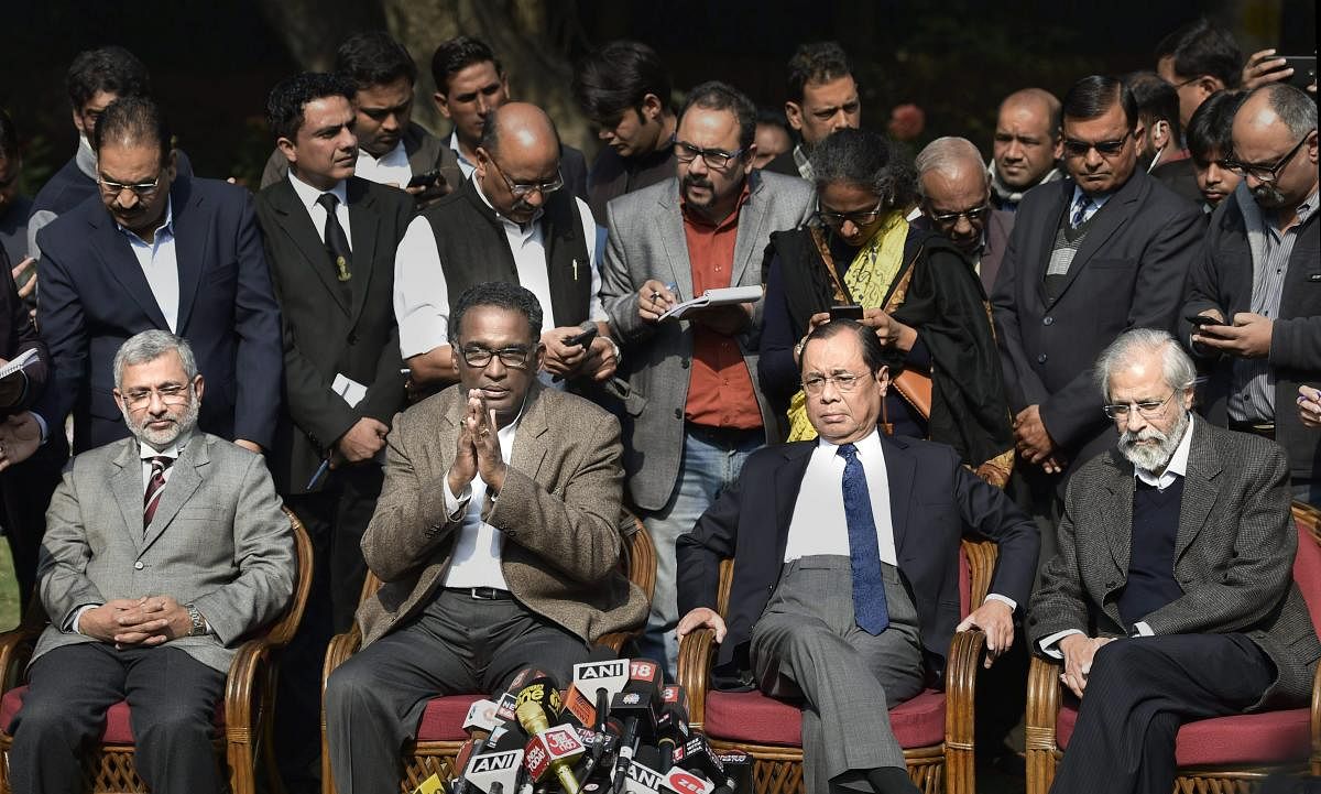  Senior Supreme Court judge Justice J Chelameswar addresses a press conference in New Delhi on Friday. He is flanked by Justice Kurian Joseph (left), Justice Ranjan Gogoi (second right) and Justice Madan Lokur (right). PTI file photo