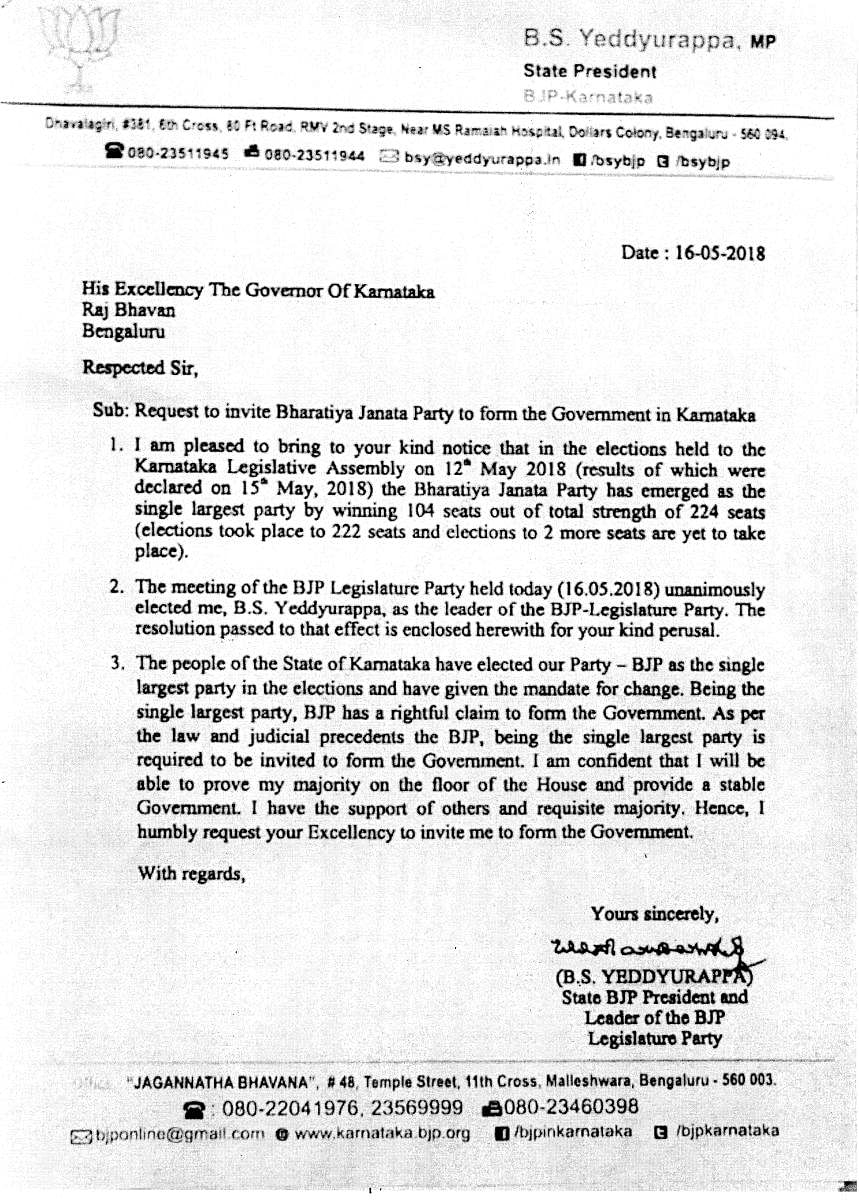 Copy of the letter addressed by B S Yeddyurappa to the Governor with a request to invite him for forming the government.