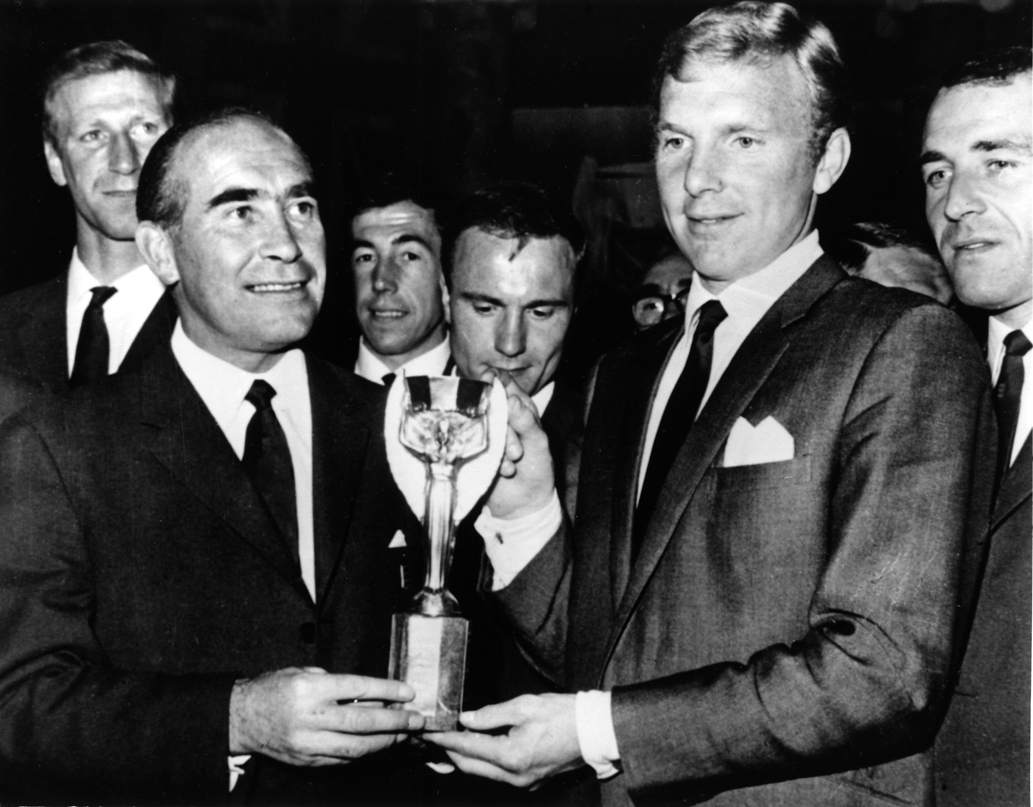 England skipper Bobby Moore (right) with the Jules Rimet Cup. 