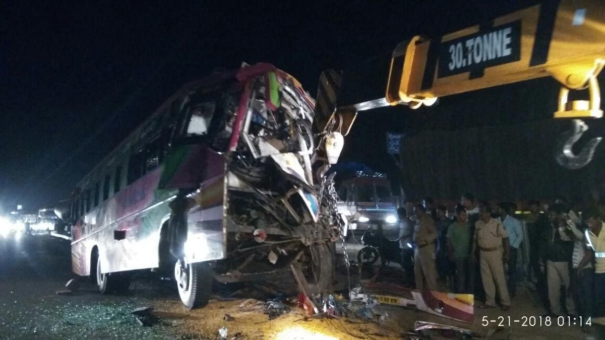 Hanuman Travels bus that collided with a parked truck on NH-48 killing seven people and injuring 16 others at Sira on Sunday night. DH photo.