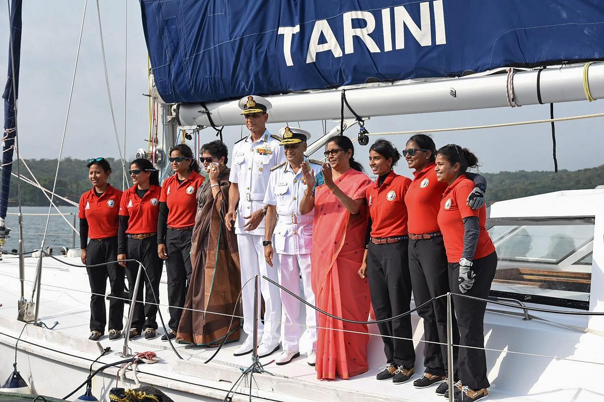 Union Defence Minister Nirmala Seetharaman with Indian Navy chief Admiral Sunil Lanba greet the Navy's six-member all-women crew of INSV Tarini, who circumnavigated the globe in over eight months, at Panaji in Goa, on Monday. PTI