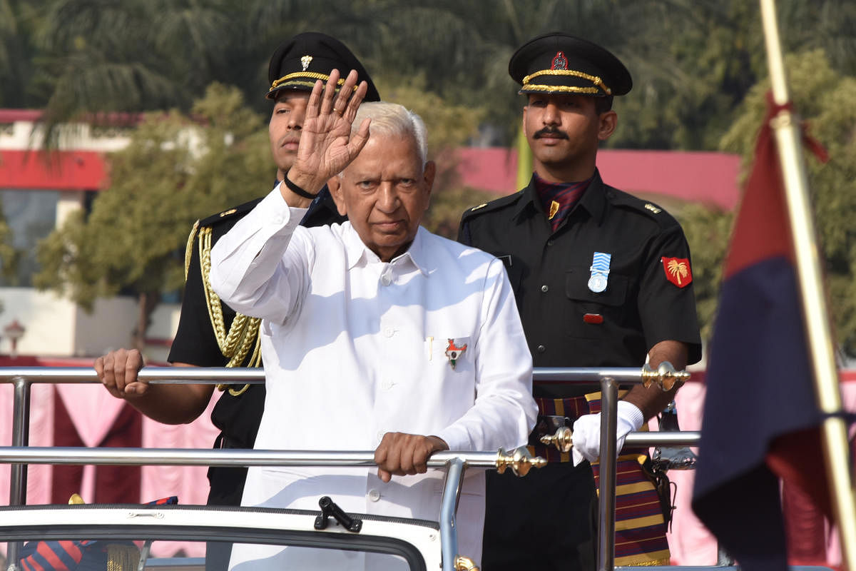 Vajubhai Rudabhai Vala, Governor of Karnataka wave after review the parade at Republic Day parade organised by Government of Karnataka at Field Marshal Manekshaw Parade Ground in Bengaluru on Friday. Photo by S K Dinesh