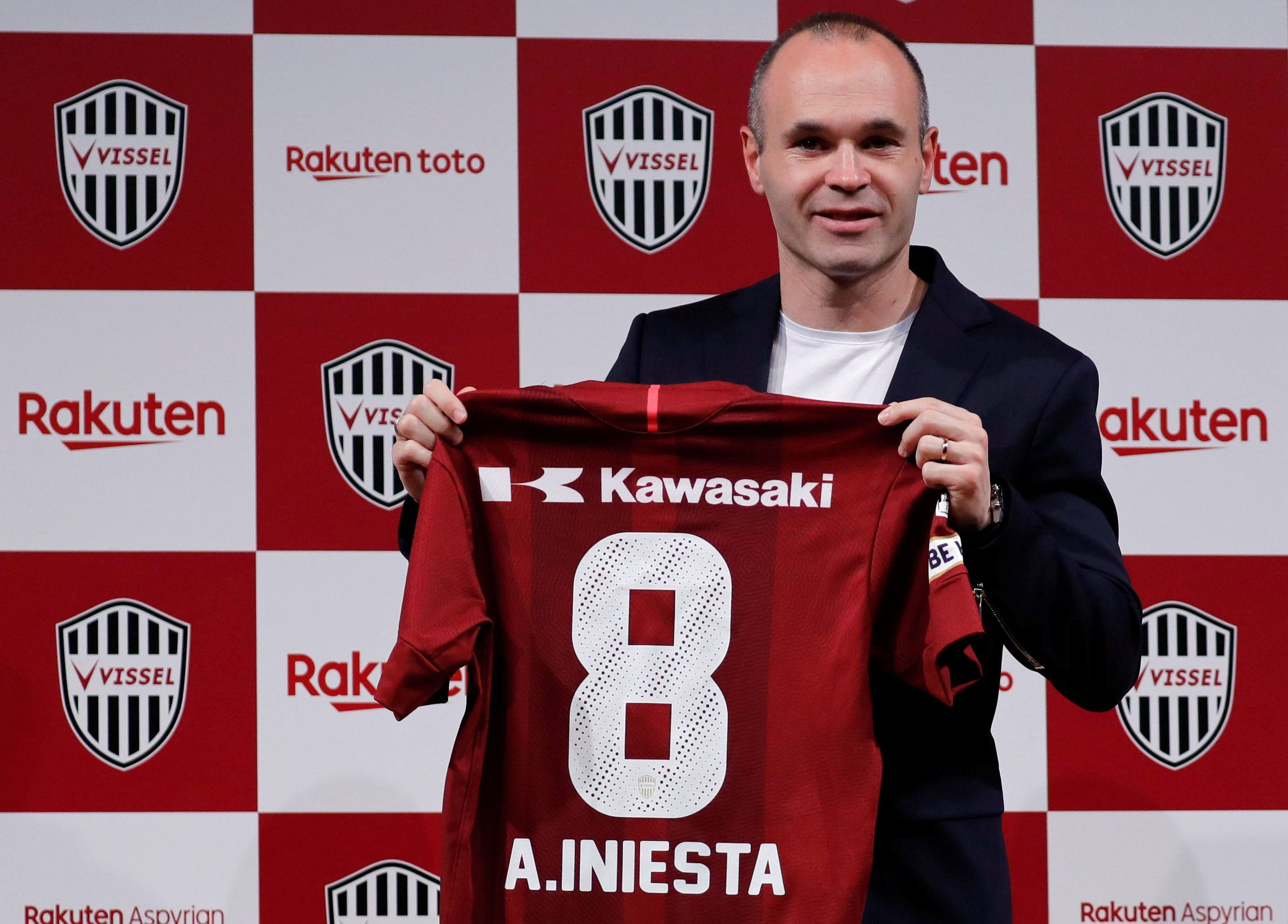 Andres Iniesta with his new jersey after signing for Vissel Kobe in Tokyo.