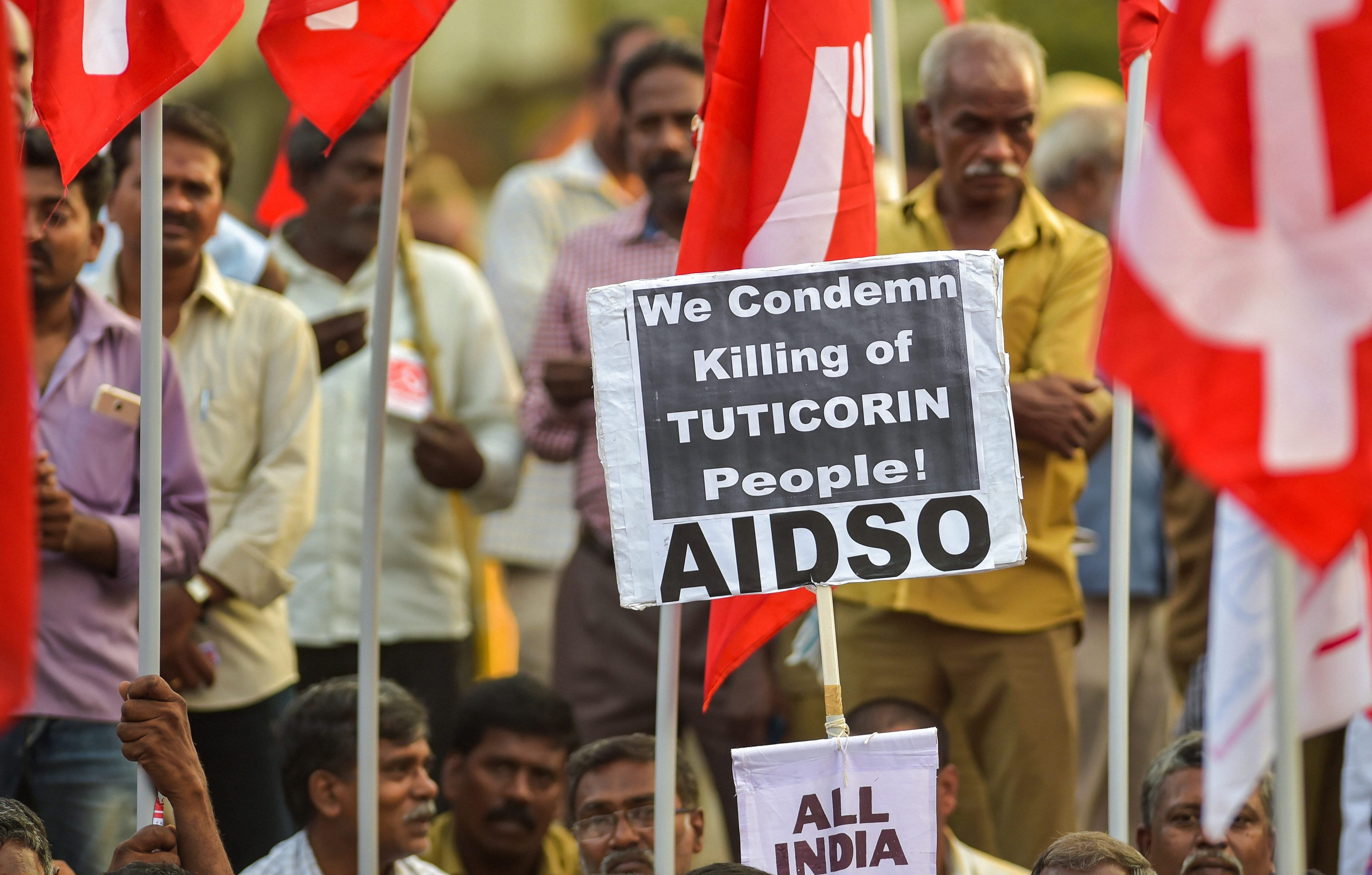 Activists from Trade Union of Communist Party of India during a protest against the Thoothukudi police firing, which claimed 13 lives,in Chennai, on Wednesday. PTI