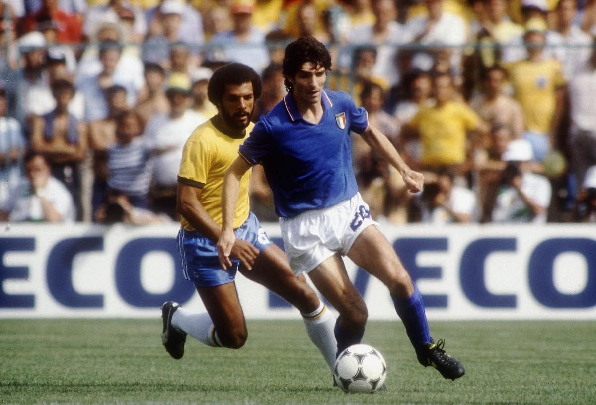 Italy's Paolo Rossi in action against Brazil in the 1982 World Cup.