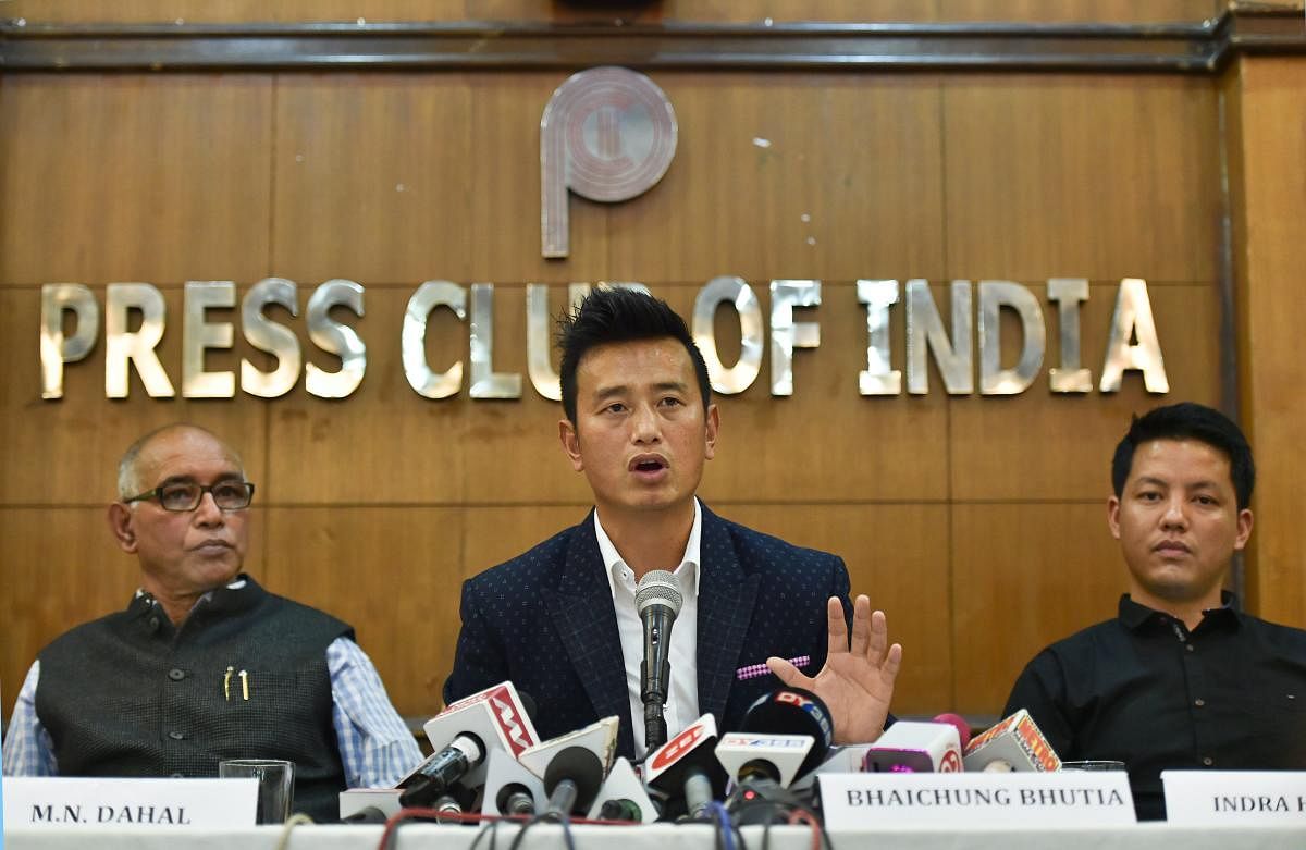 Former Indian football team captain Bhaichung Bhutia speaks during the launch of his political party 'Hamro Sikkim' during a press conference in New Delhi on Thursday. PTI
