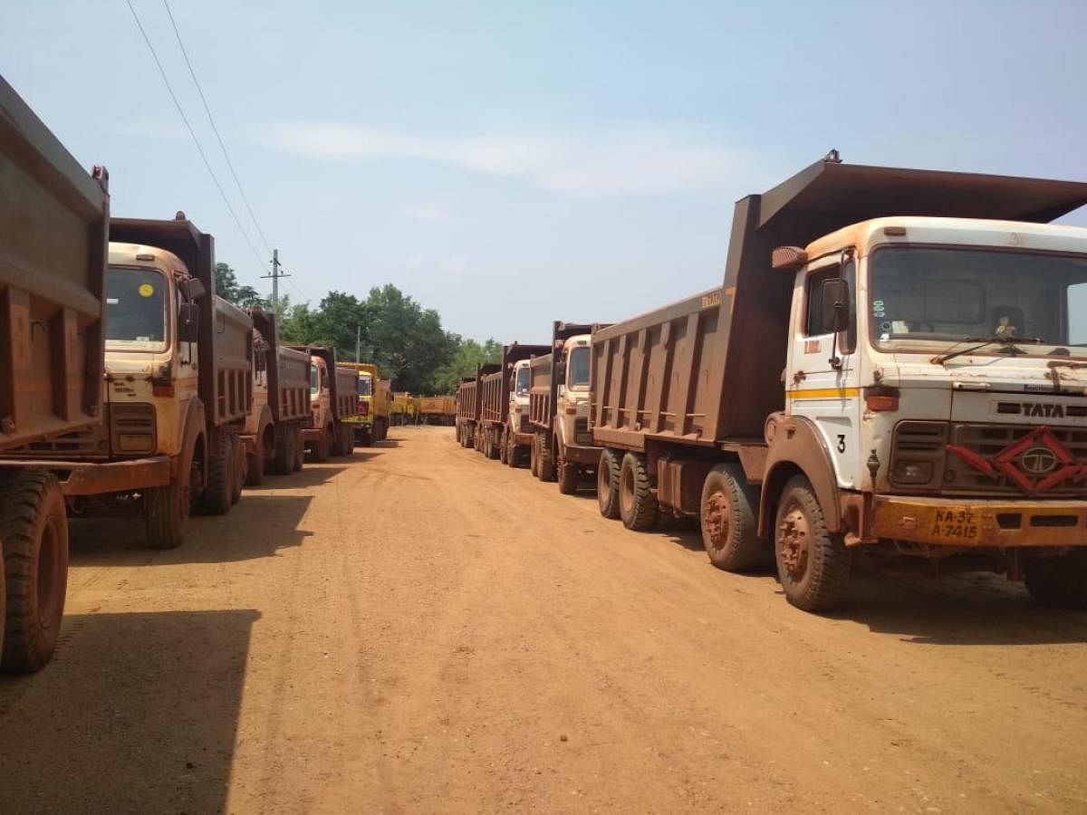 The 42 trucks carrying ore illegally seized by the Forest department. DH photo.