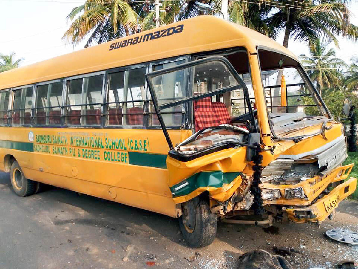 Ten kids miraculously escaped after a speeding SUV collided to a school van in Kallahalli village near Anekal on Monday morning. The school van was heading towards Sarjapura road and the SUV came in opposite direction crashed into the bus. The SUV driver