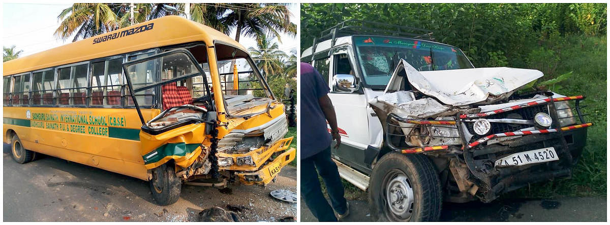 The SUV that rammed into the school bus in Kallahalli village near Anekal on Monday morning.