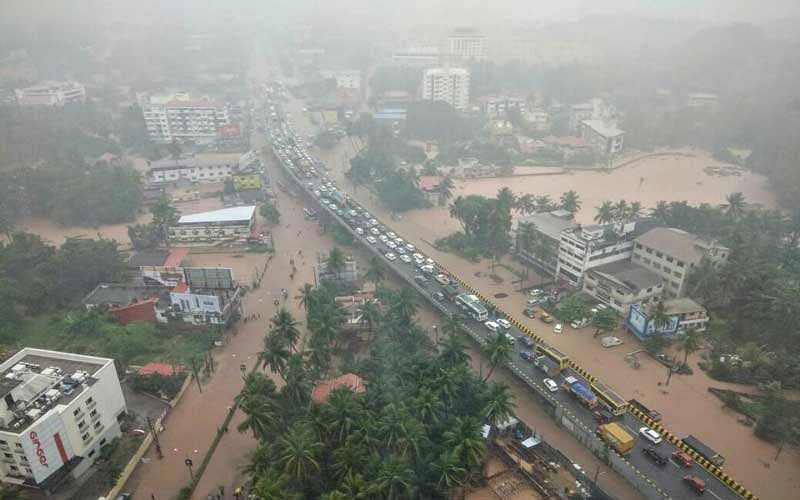 An aerial view of the flooded Kottarachowki in Mangaluru following heavy rain on Tuesday. DH Photo