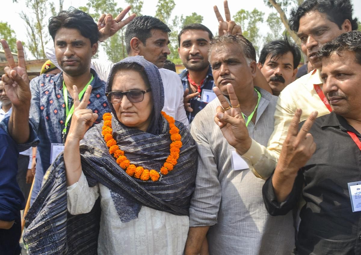 RLD candidate Tabassum Hasan with her supporters outside a counting centre after winning the Kairana Lok Sabha by-polls, on Thursday. PTI