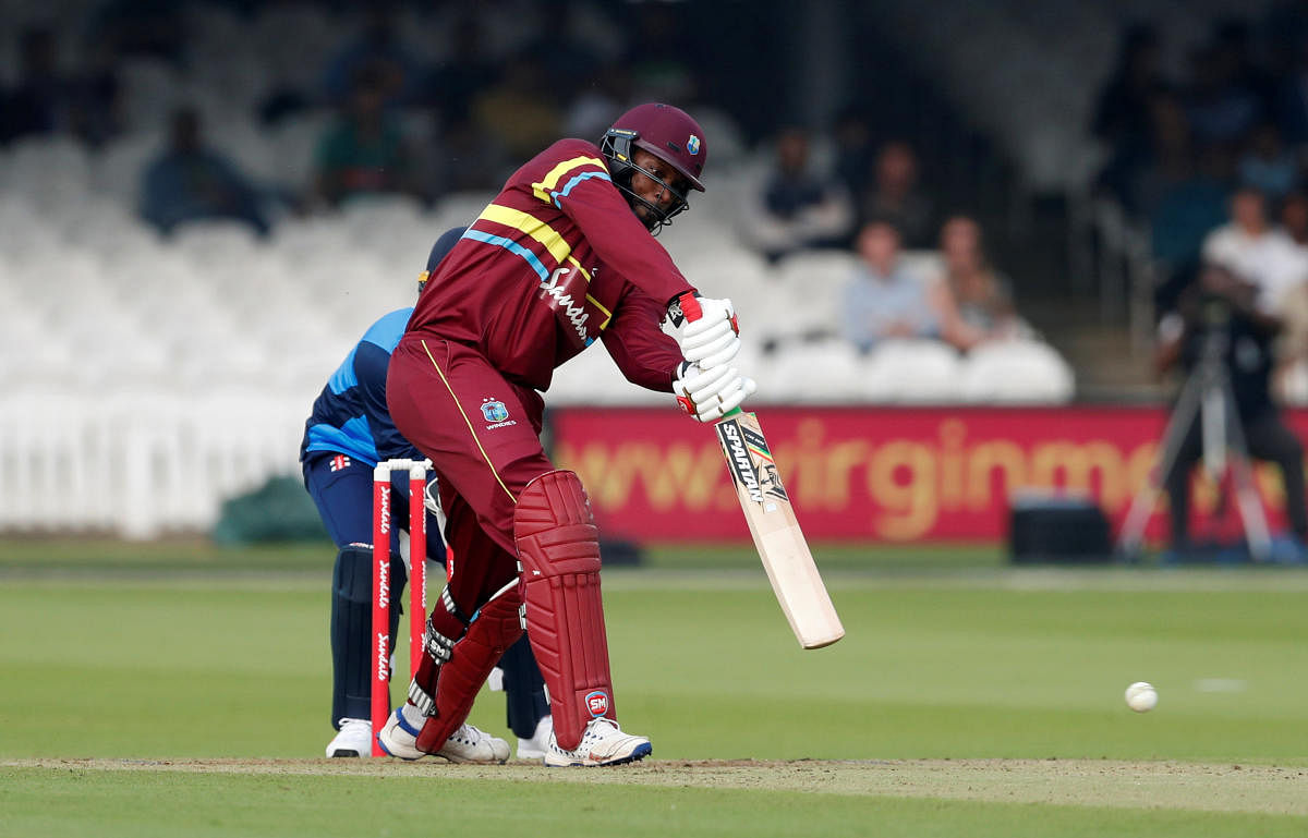 West Indies' Chris Gayle in action during Twenty 20 International against World XI at Lord's Cricket Ground in London. (Reuters/Matthew Childs)