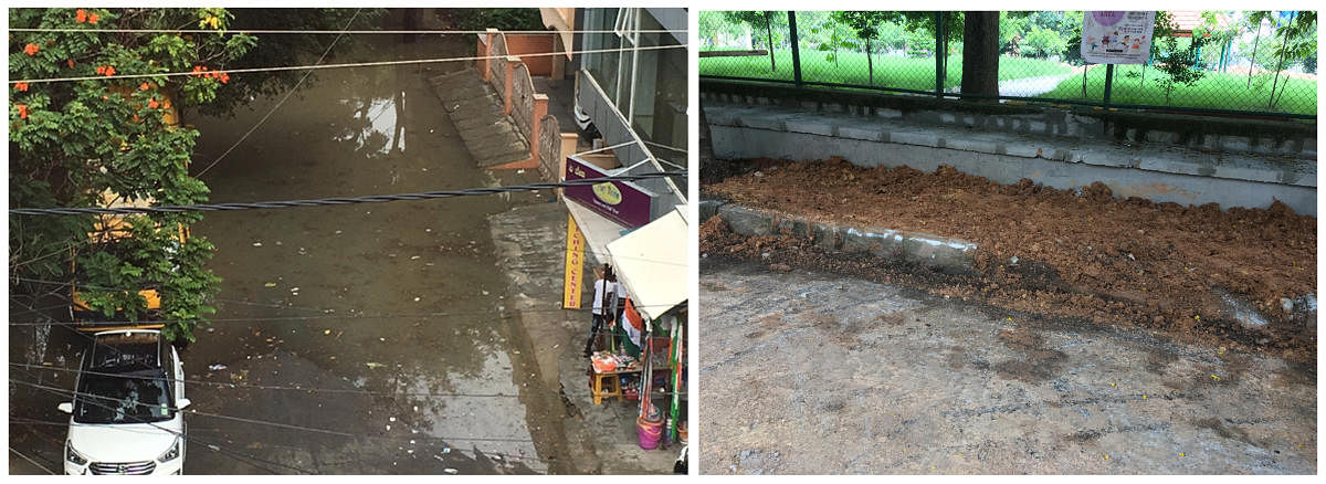 A waterlogged 15th Cross Road in Sector 6, HSR Layout, in September 2017. (Right) The newly built drains are three feet above the road level. 