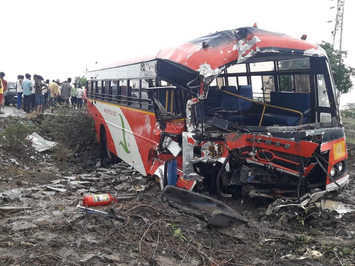 Mangled remains of a bus that was involved in the accident in Jevargi town in Kalaburagi district on Saturday.