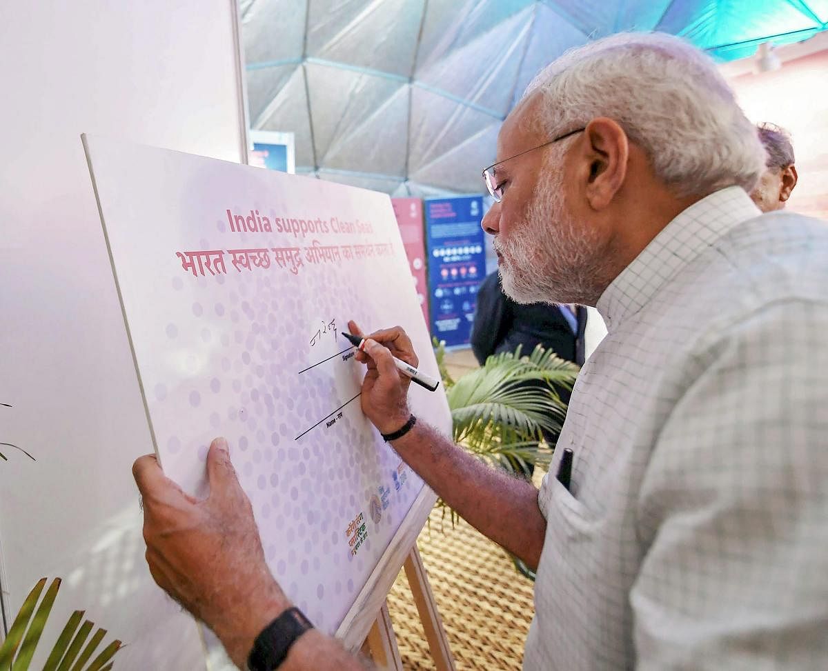 Prime Minister Narendra Modi visits the exhibition on the occasion of World Environment Day, in New Delhi on Tuesday. PTI