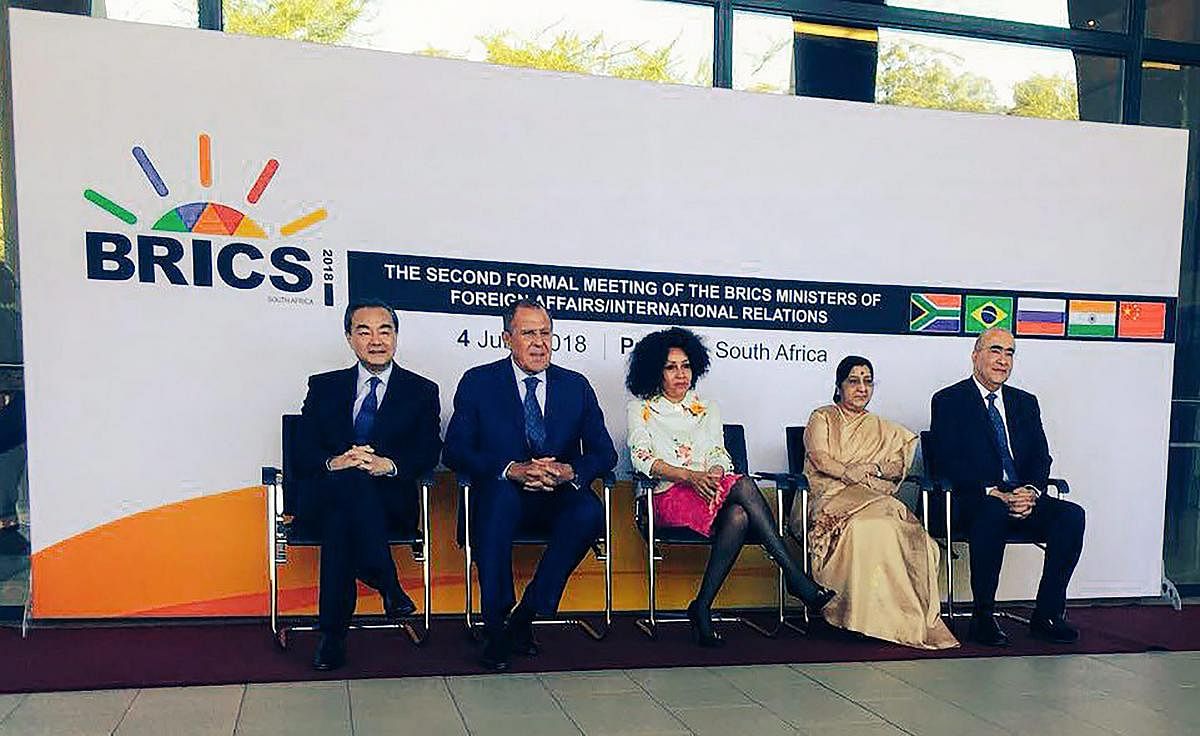 External Affairs Minister Sushma Swaraj (2nd R) at the 2nd formal meeting of the BRICS Ministers of External Affairs. MEA/Facebook.