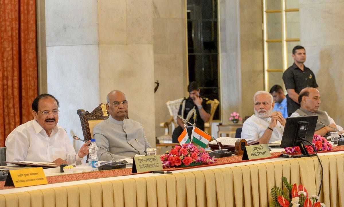 Vice President M Venkaiah Naidu with President Ram Nath Kovind, Prime Minister Narendra Modi and Home Minister Rajnath Singh during the second day of the Conference of Governors at the Rashtrapati Bhavan, in New Delhi on Tuesday. PTI