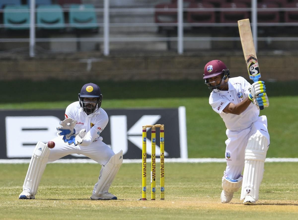 Shane Dowrich of the West Indies hits a boundary during the second day of the first Test against Sri Lanka on Thursday. AFP
