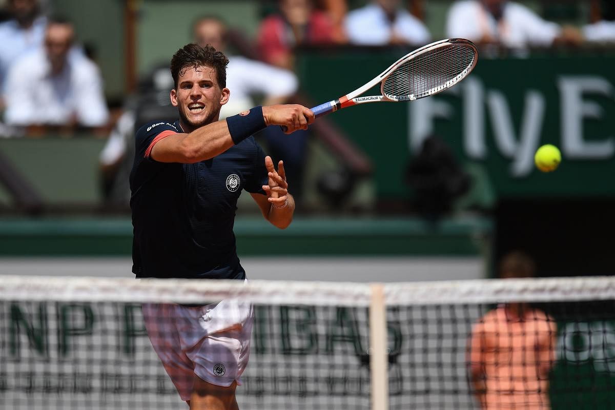 Austria's Dominic Thiem rips a forehand winner during his semifinal win over Italy's Marco Cecchinato on Friday. AFP