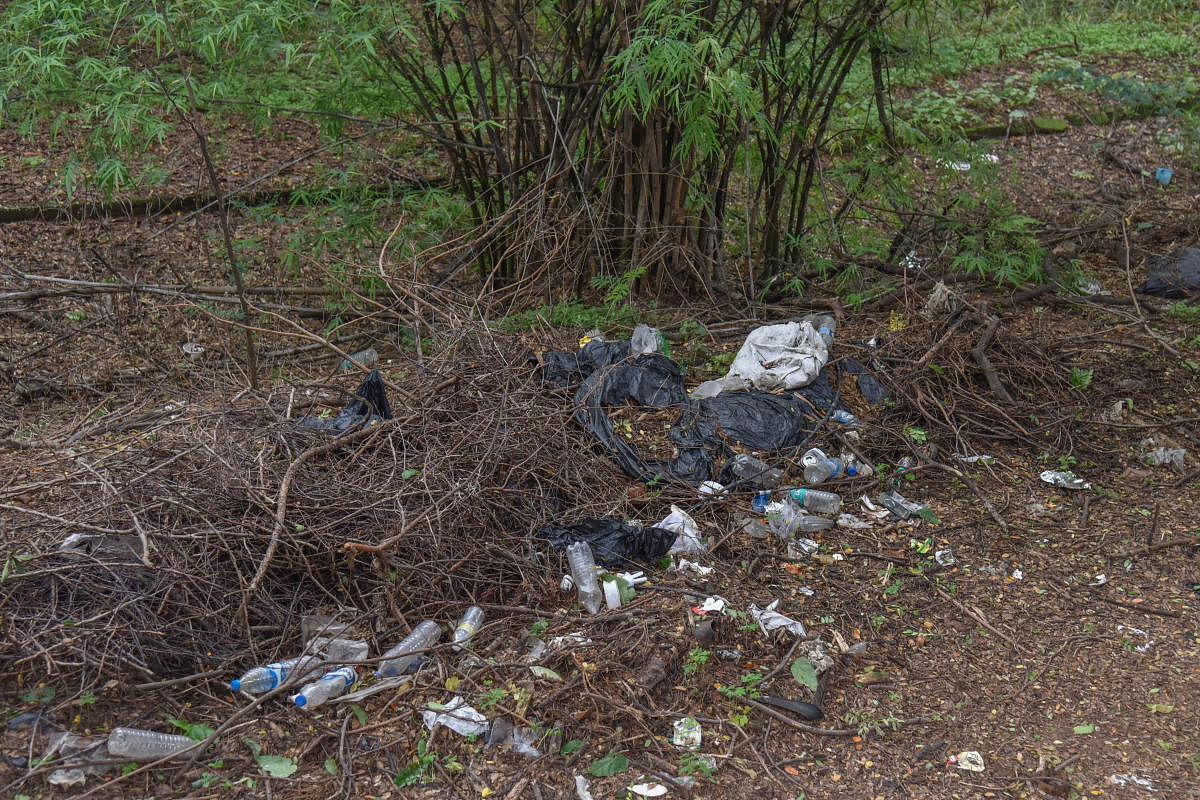 Garbage strewn in the Cariappa Memorial Park premises on MG Road. DH Photo/S K Dinesh