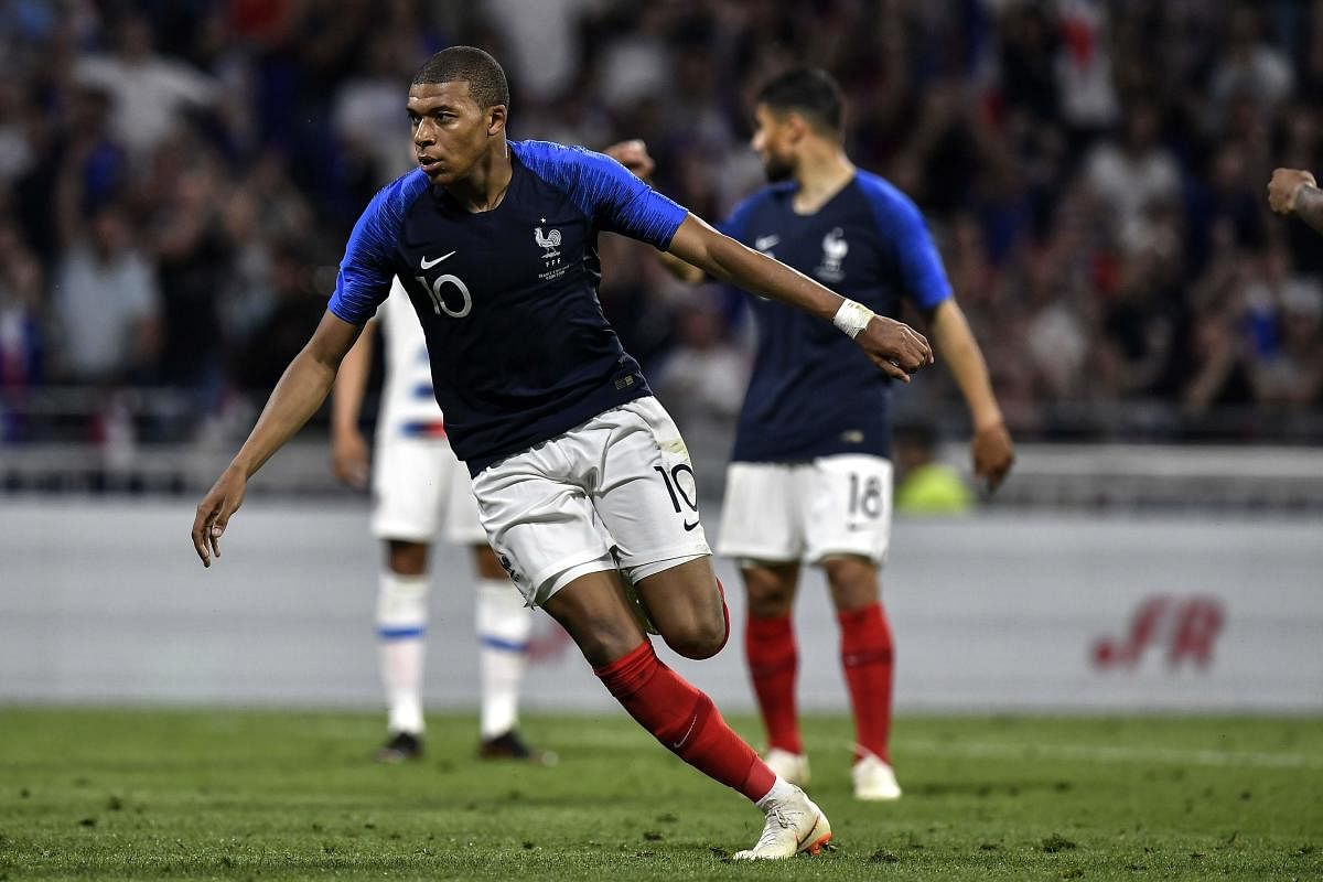 France's forward Kylian M'Bappe celebrates after scoring against USA in a friendly on Saturday. AFP